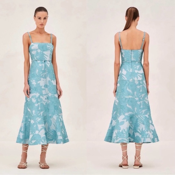 Alexis Dresses & Skirts - EUC Alexis Delphine Sash-Tie Embroidered Jacquard Midi Dress Tuscan Blue Sz L